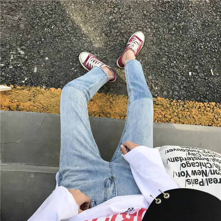 

Spring and Autumn New Korean color matching raw nine point jeans for female students