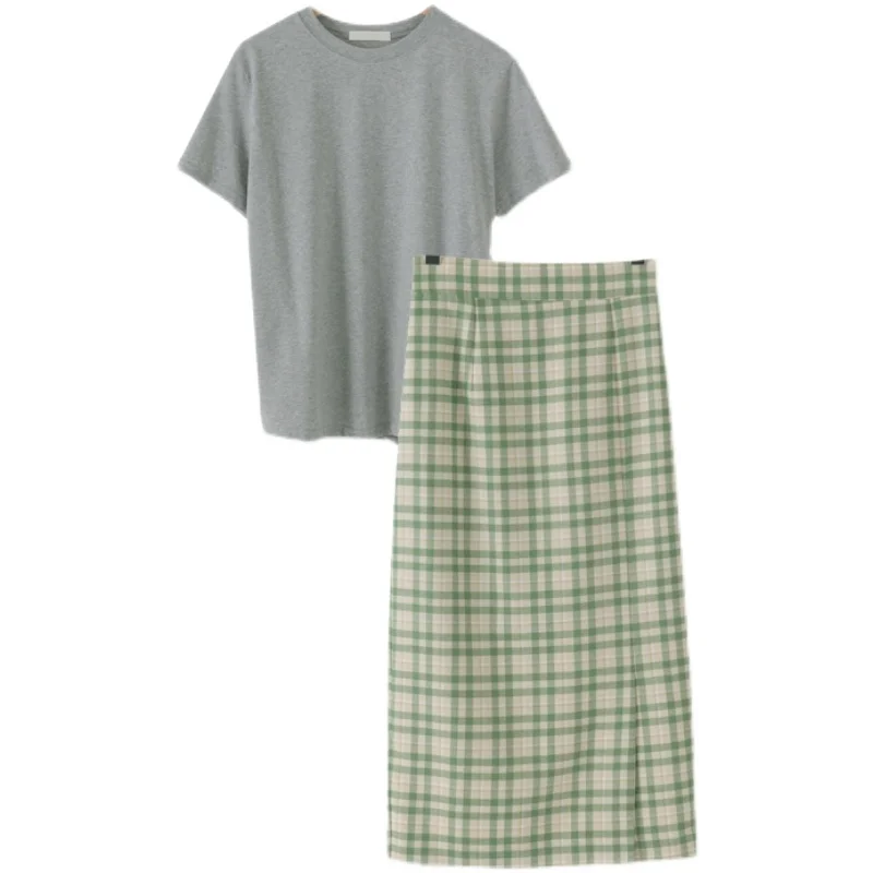 

Preppy Style T-shirt Plaid Skirt Younger Fashion Western Style Leisure Suit Women's Summer Two-Piece Set Small Temperament
