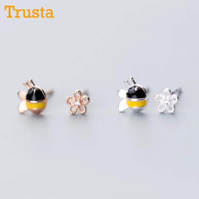 Trusta 925 пробы серебряные женские ювелирные изделия Асимметричные пчелиные цветы серьги-гвоздики подарок для девочек Дети Леди DS734