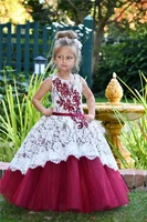 long burgundy flower girls dress for kids weddings with white lace ball gown tank bodice corset back junior bridesmaid vestidos