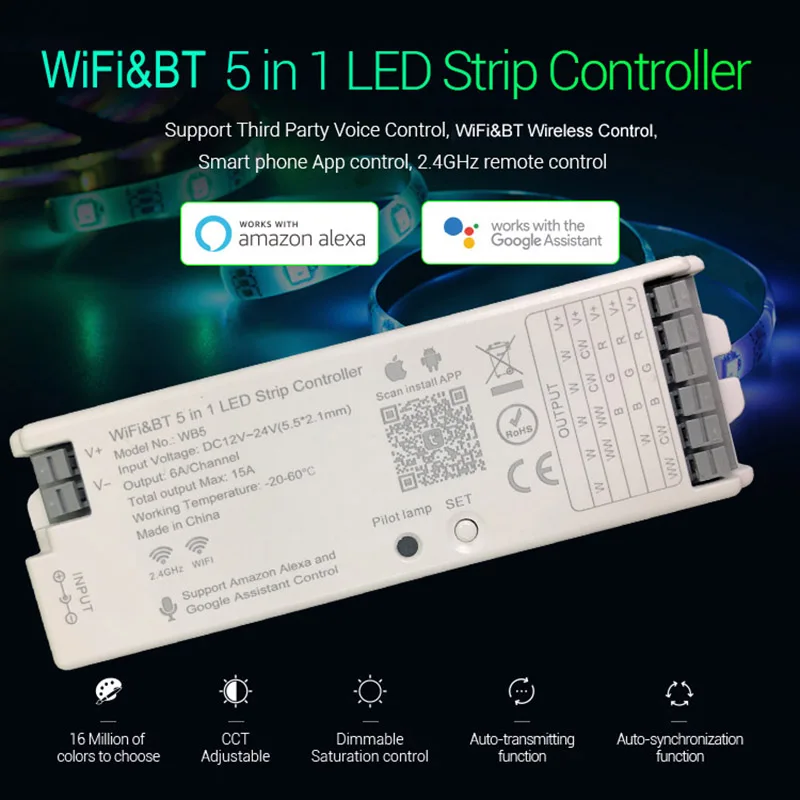 

WIFI&BT 5 In 1 LED Strip Controller Smart Home Wifi 2.4GHz Remote Control Voice Control Works With Amazon Alexa/Google Assistant