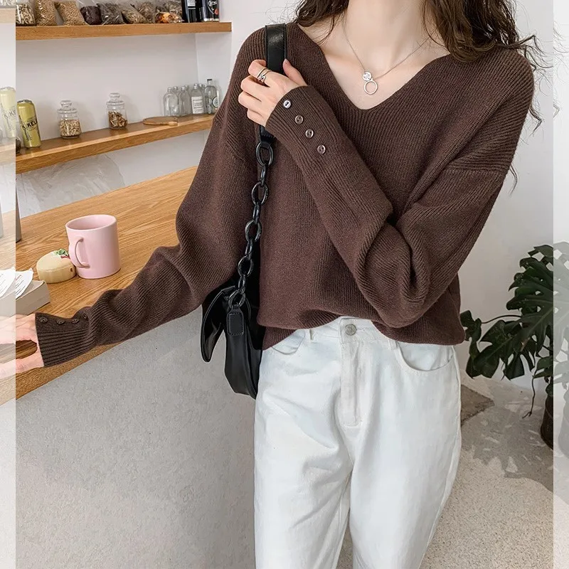 Autumn Winter V-neck Female Pullover Sweaters Full Sleeve Loose Casual Elegant Lady Knitwear 2022 Women Knitted Jumpers 11319 | Женская
