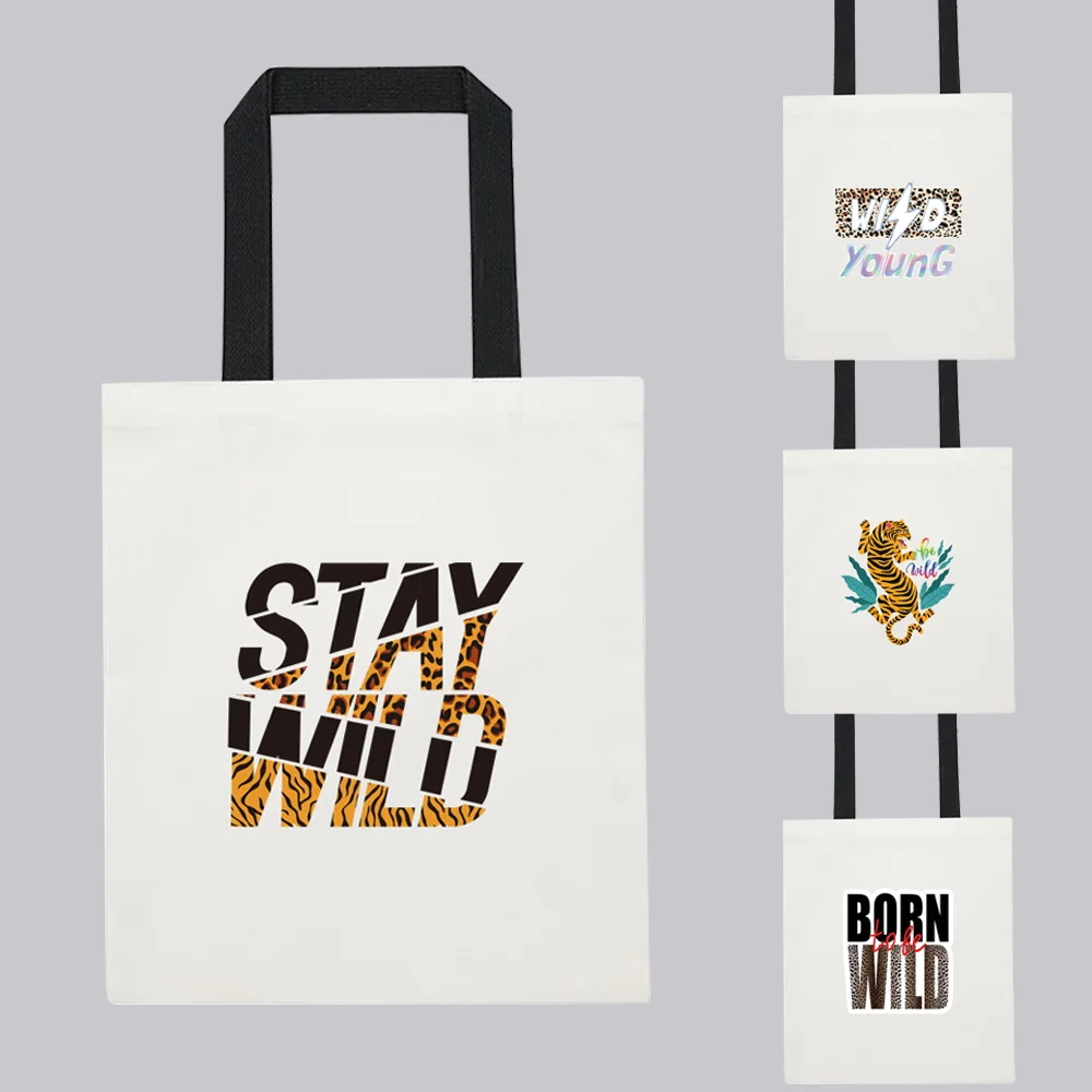 

Women's Fabric Shopping Bags Fashion Leopard Letter Pattern Series Shoulder Bag Foldable White Print Canvas Tote Bag Shopper