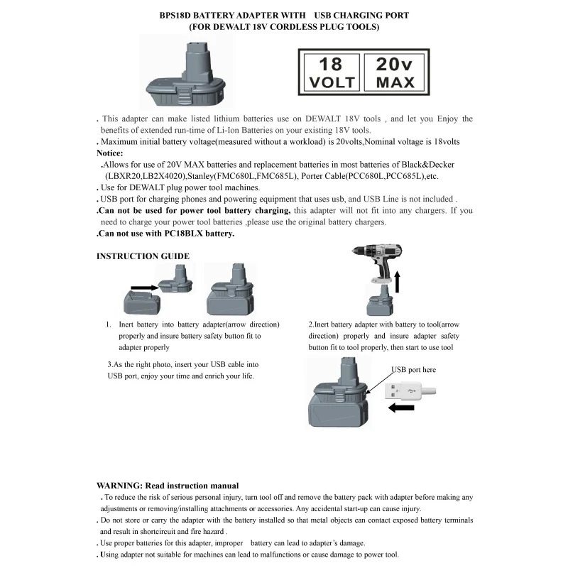 

BPS18D Battery Converter Adapter USB Charger Tools For Black Decker Porter Cable Stanley Li-ion Battery For Dewalt DC9096 DW9098