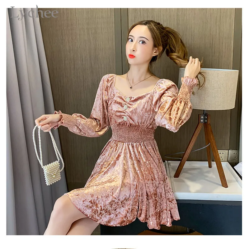 Lychee Harajuku однотонное бархатное женское платье с рюшами и открытыми плечами