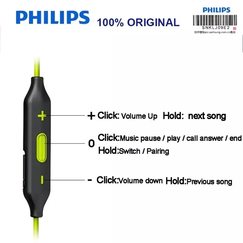 Original Philips SHQ6500 Neckband Bluetooth Wireless Headphones Earphone Bass Waterproof Headset with Microphone for Iphone X |