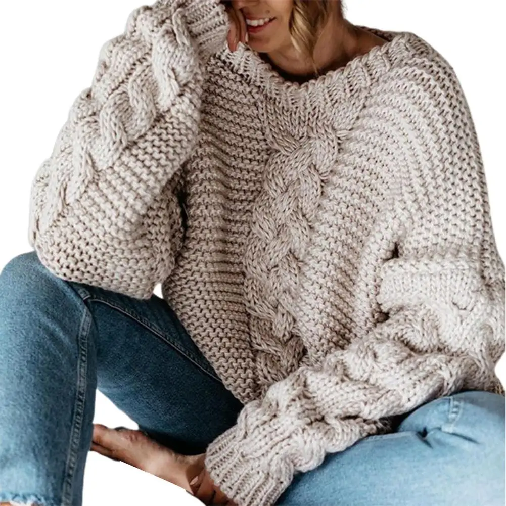 

Women Office Lady Sweater Solid Color Twist Pattern Autumn Winter Crew Neck Warm Pullover for Daily Wear