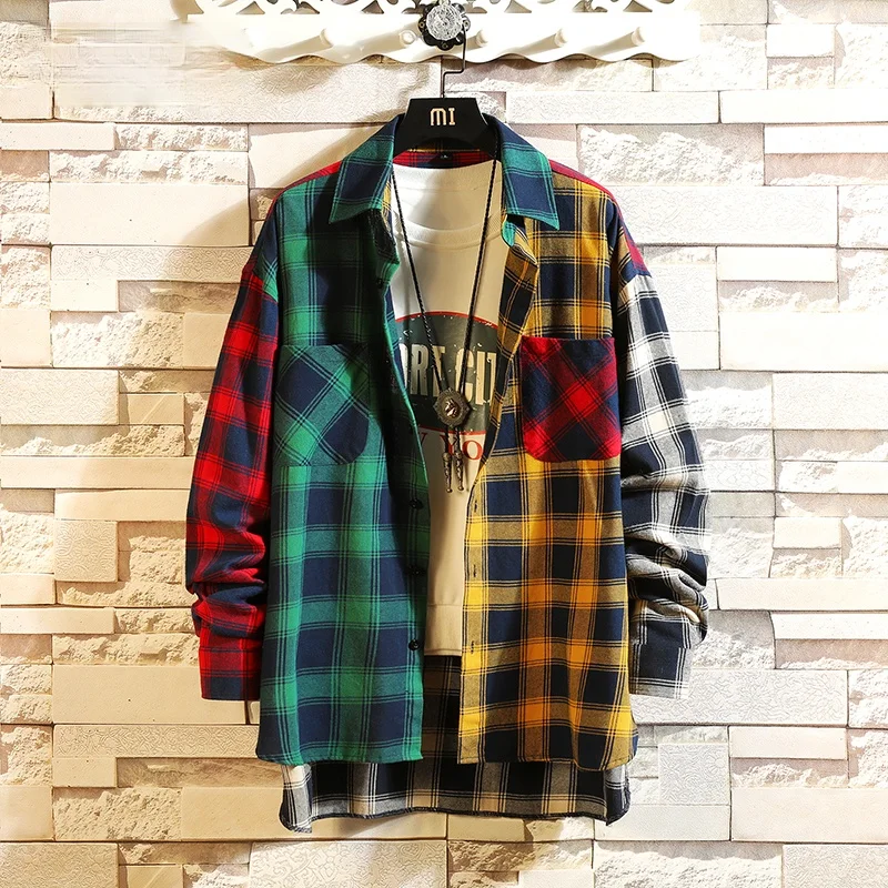 

Autumn Personality Korean Style Trend of Color Matching Plaid Shirt Men's Casual Hip Hop Loose Long-sleeved Shirt 2021