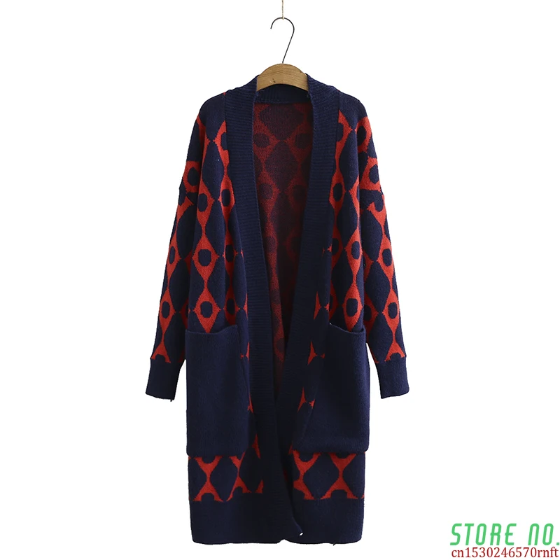 

2021 Winter Casual Cashmere Trench Coat Women Cartoon Cranes Pattern Cardigan Open Stitch Knitting Long Outwear Oversize