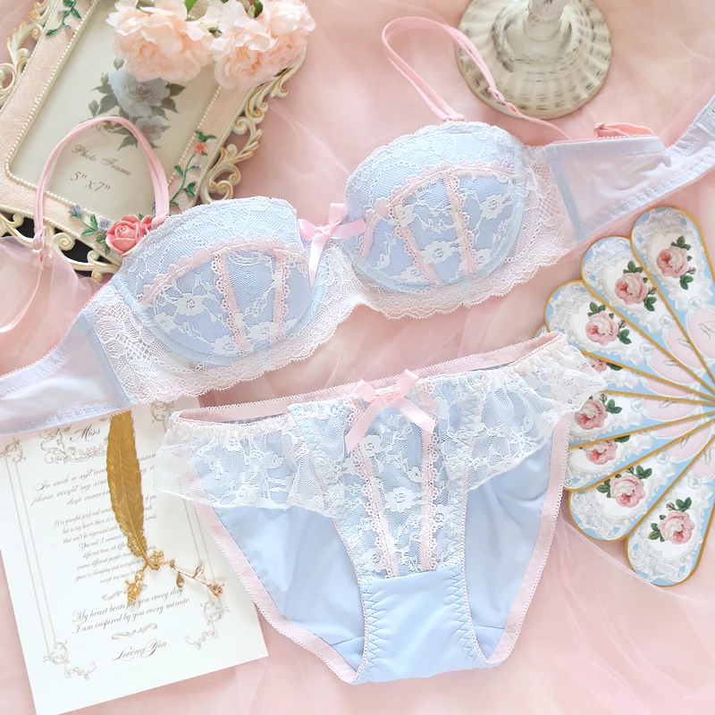 Dream Princess Fresh Sexy Lolita Cute Lace Trim Bow Bra & Brief Set Japanese Women's Push Up Underwire Underwear Suit Student