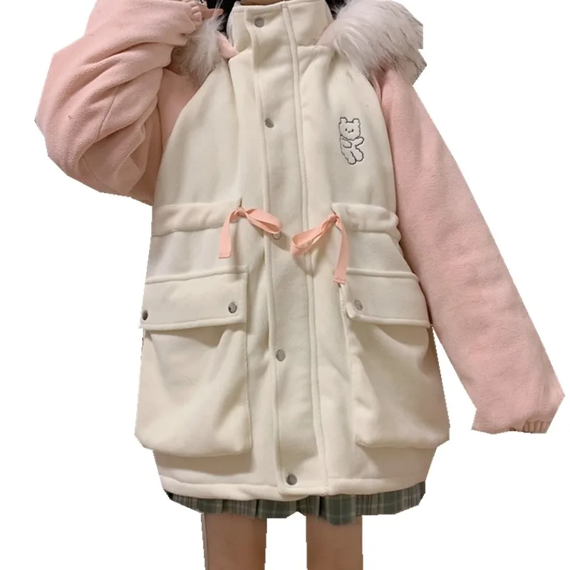 Зимнее Новое утолщенное теплое пальто-лоли с вышивкой и милым медведем японский