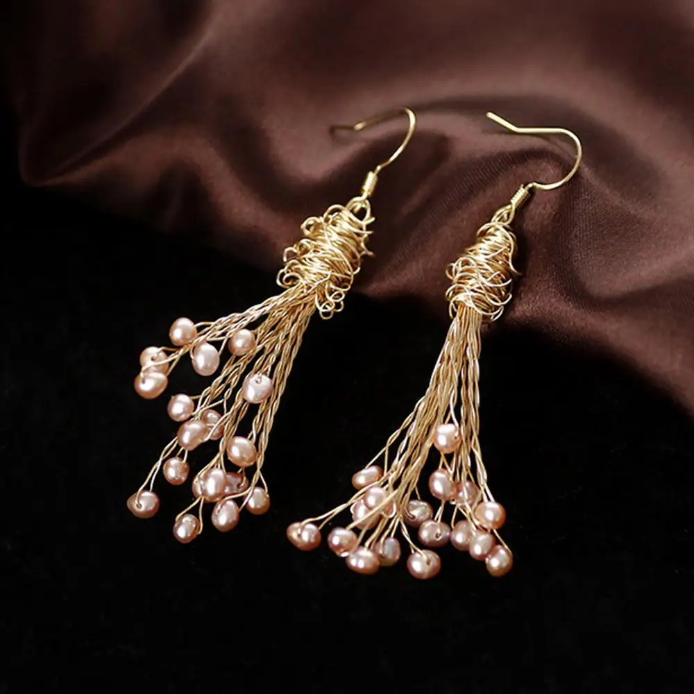 Серьги-ветки с натуральным пресноводным жемчугом 14 золотых плиссированных