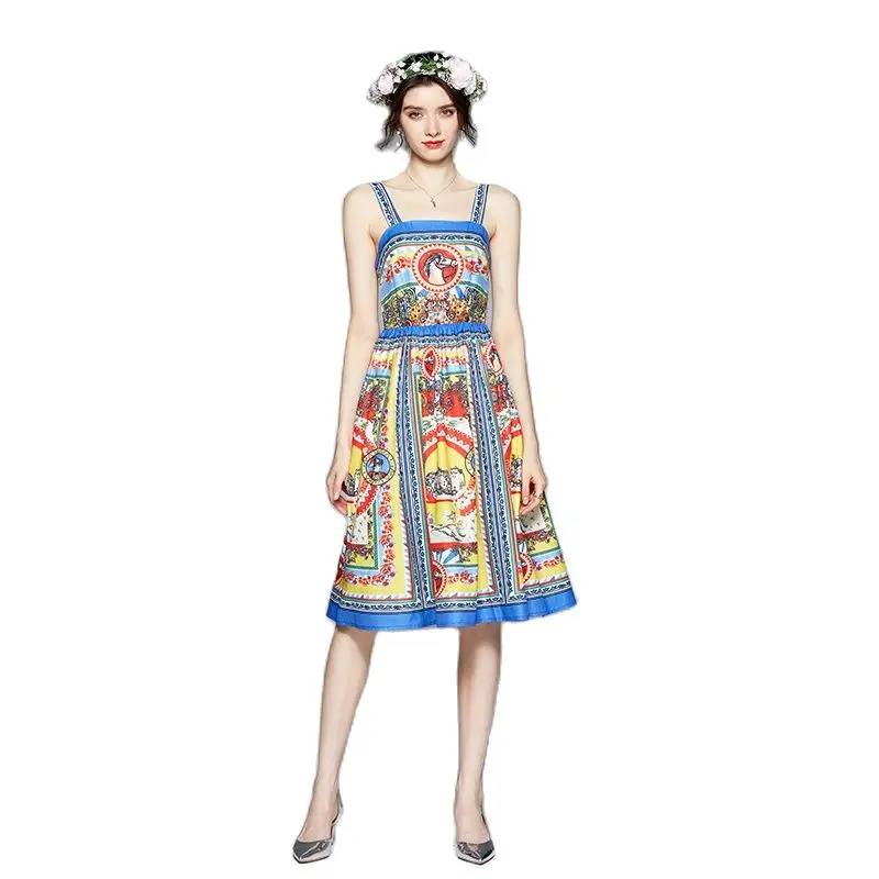 

Make spot new temperament print dress condole belt in summer