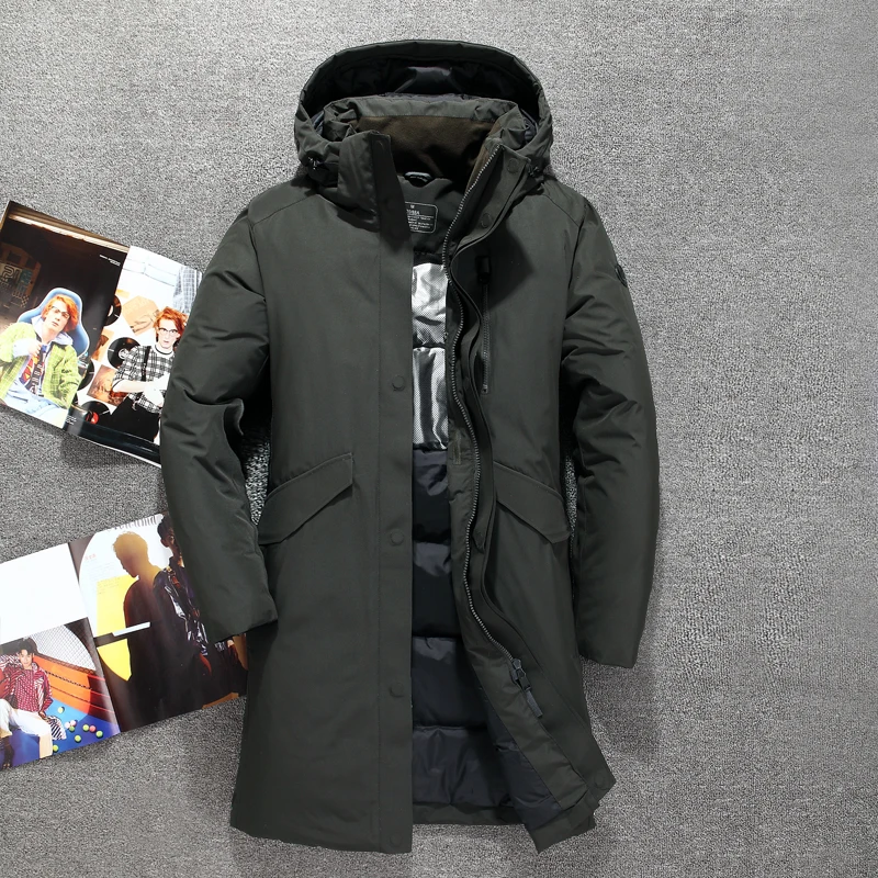 Мужская длинная куртка на белом утином пуху водонепроницаемая ветрозащитная