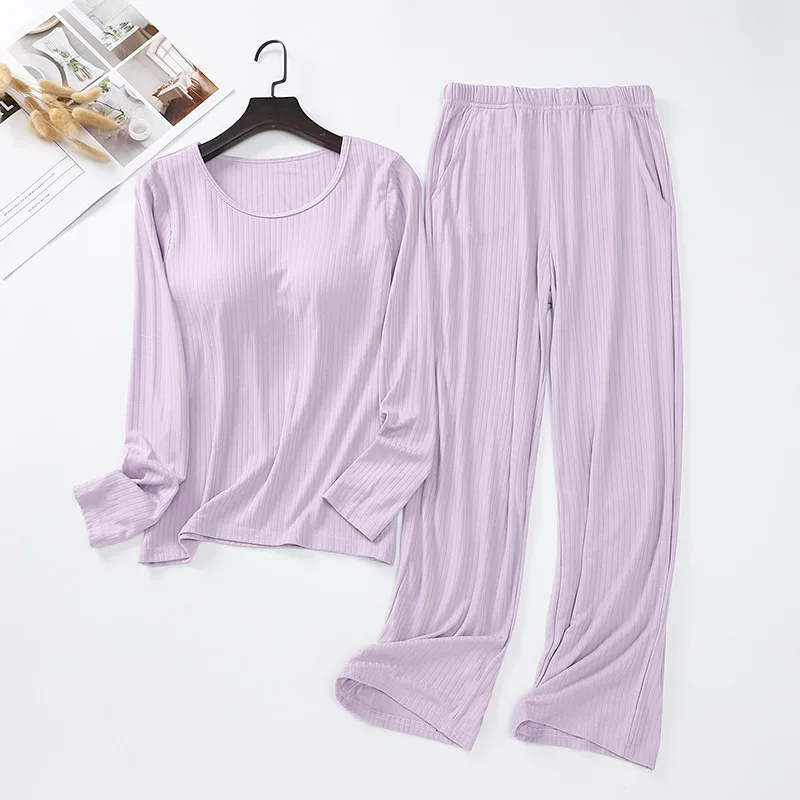 Fdfklak Modal Cotton Homewear Ladies Pajamas Free Bra Cup Long Sleeve Trousers Suit Casual Pyjamas Women Winter 2 Piece Set