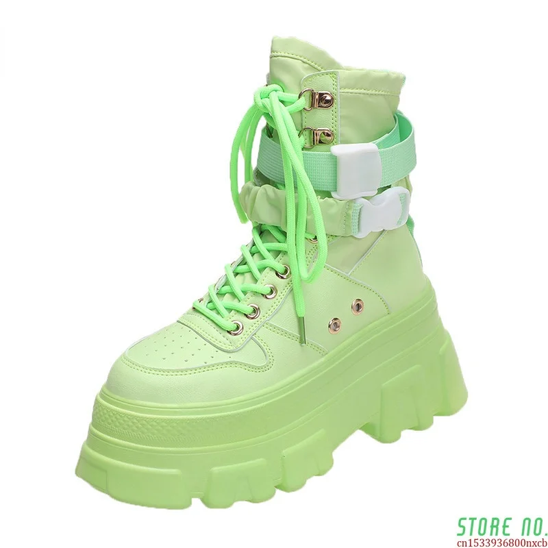 

Black Punk Ankle Platform Motorcycle Boots 2021 Green Women Lace up Chunky Comfortable Wedge Heel Buckle Designer Shoes Women