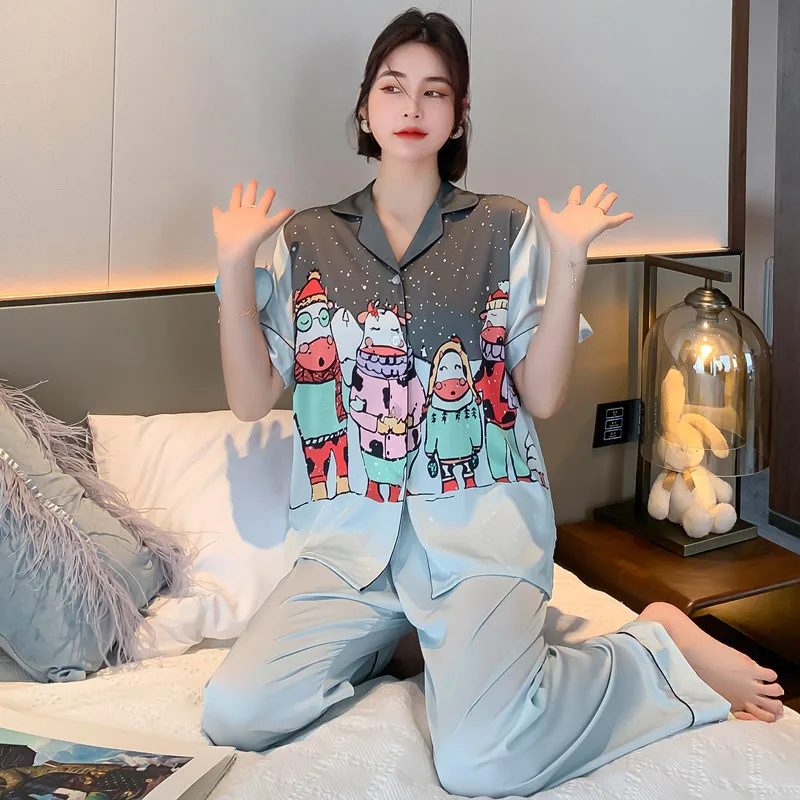 

Fiklyc Thin Design Summer Women's Short Sleeve Cartoon Printed Pajamas Sets Drop Shipping Best Selling Luxury Femme Mujer Nighty