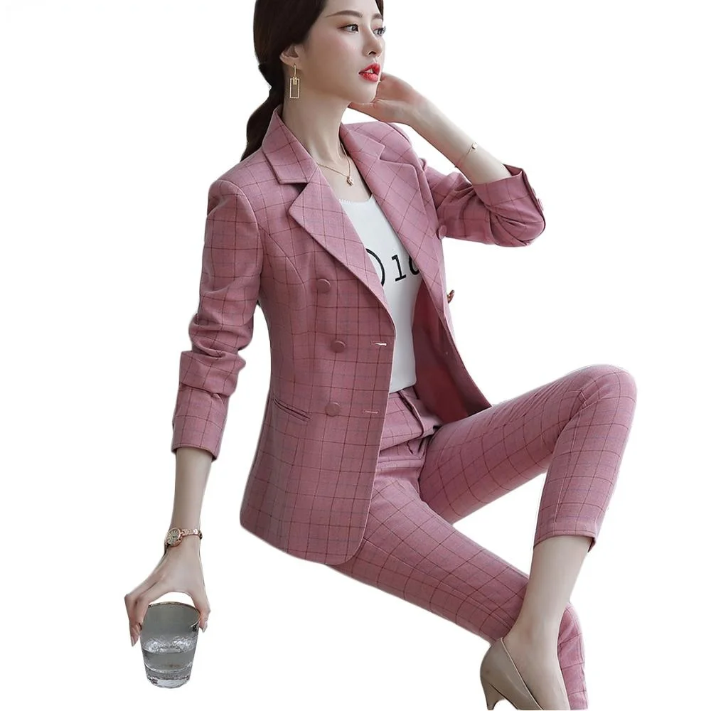 

Женский брючный костюм в шотландскую клетку, розовый или коричневый повседневный костюм из двух предметов, блейзер и брюки в шотландскую кл...