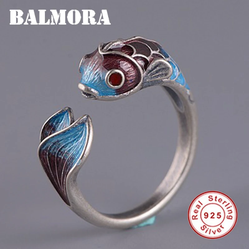 BALMORA 925 Sterling Silver cloisonné-style Carp Animal Open Rings for Women Lady Love Gift Fashion Ethnic Jewelry Anillos | Украшения и