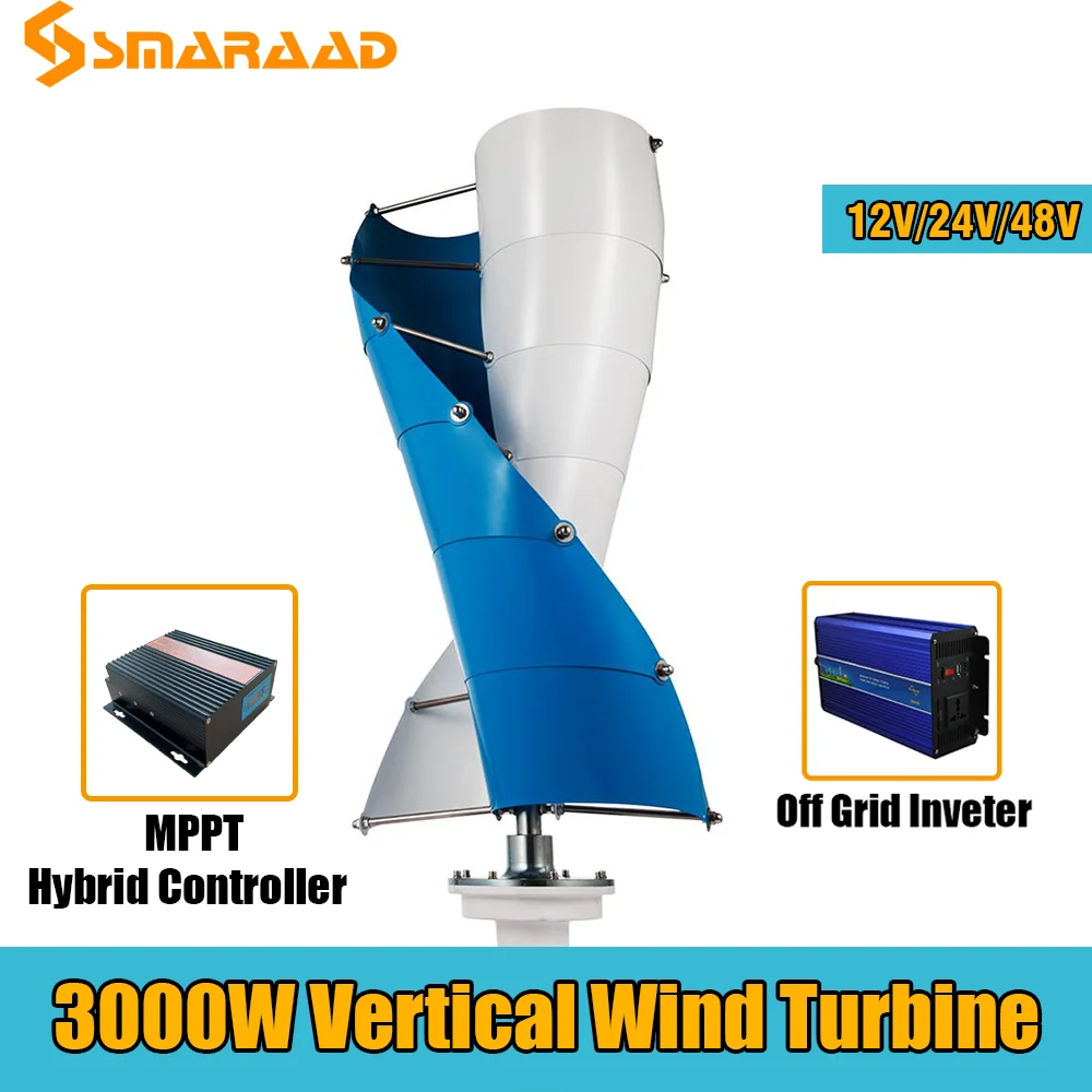 

VAWT 2000W 3000W Wind Vertical Turbine Generator Alternative Free Energy Windmill 24V 48V MPPT Hybrid Controller Off Inverter