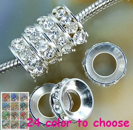 

Free Shipping+Fasion Gift 10mm White Rhinestone Rondelle Spacer Beads Lot,Rhodium Plated Big Hole European Beads hgg32