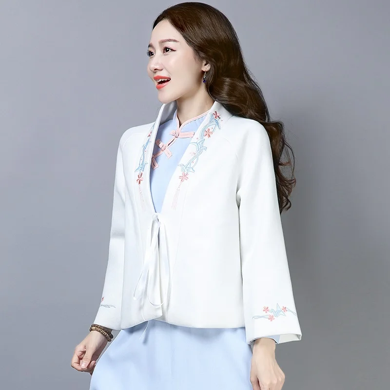 Женская короткая шерстяная блузка в китайском стиле кардиган свободного покроя