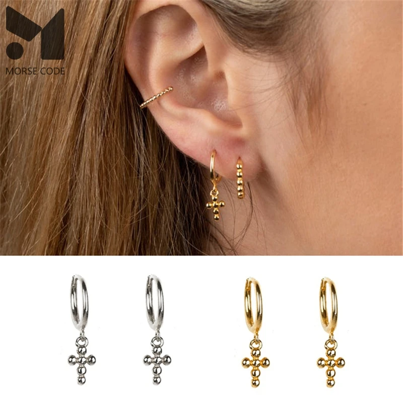 

MC Real S925 Sterling Plata Ear Rings for Women Female Gift Cross 925 Silver Hoop Earrings with Colorful Zircon Cross Pendants