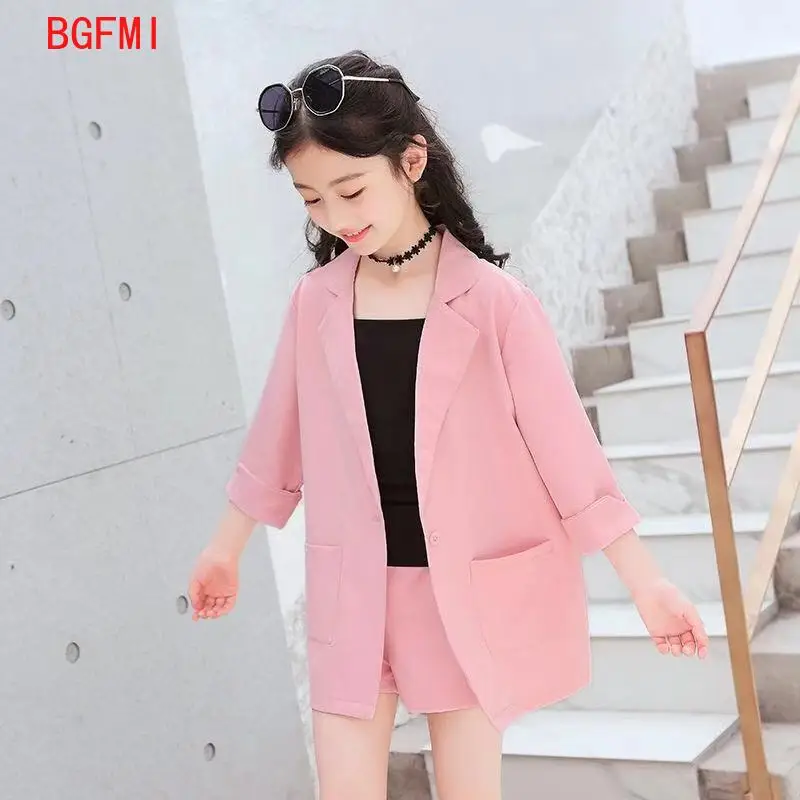 

3PCS Girls Suits Kids Blazer Jacket + Vest + Shorts Outfits Children Tuxedos Suit For Girls Blazer Wedding Party Pink Grey Colo