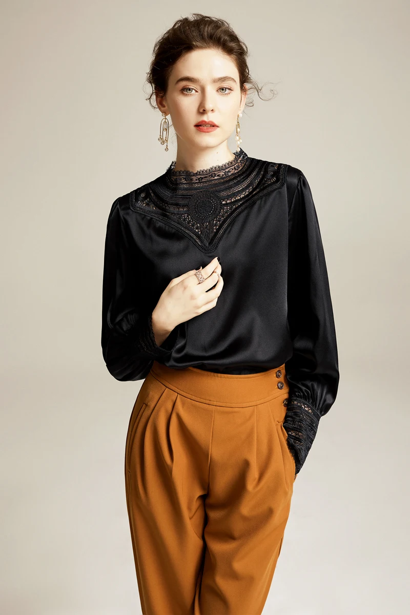 

Women's Natutral Silk Shirts O Neck Long Sleeves Hollow Out Elegant Fashion Pullover Blouse Shirt