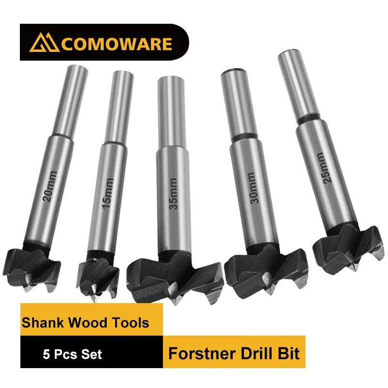 

COMOWARE 5Pcs 15mm -35mm Forstner Drill Bit Set for Wood Countersink Drill Flute Round Shank Tools Boring Hole Saw Set Cutter