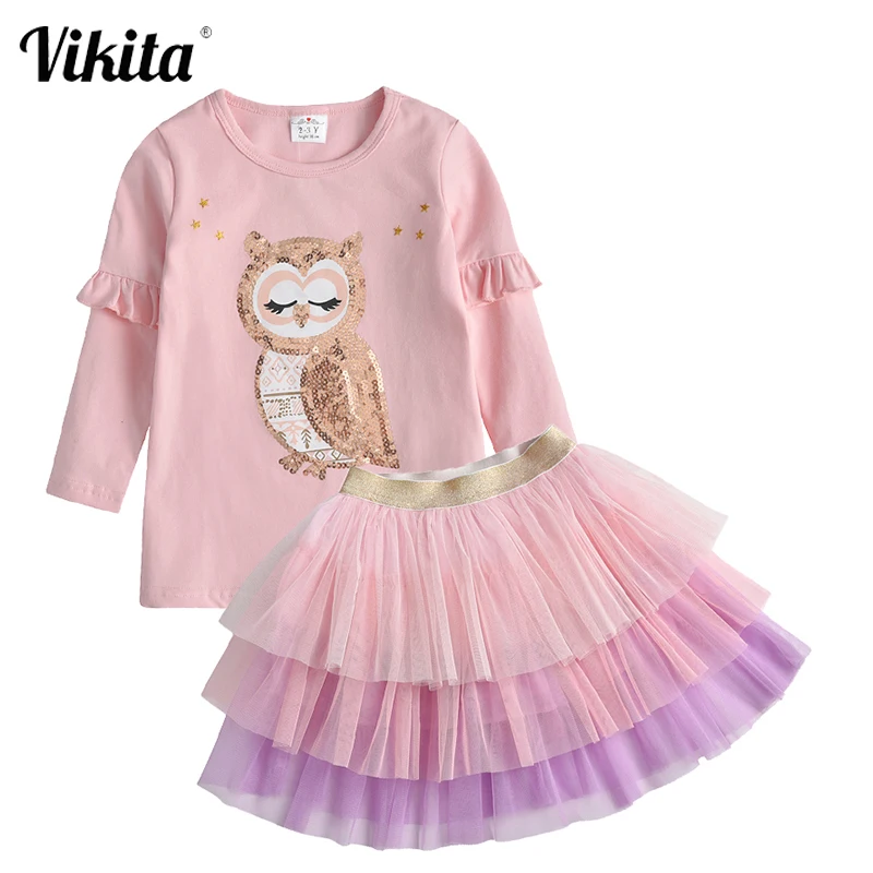 

VIKITA Kids Girls Sets Autumn Spring Long Sleeve Cotton Owl Cartoon T-shirt + Lace Mini Tulle Skirt Kids Clothing Sets for Girl
