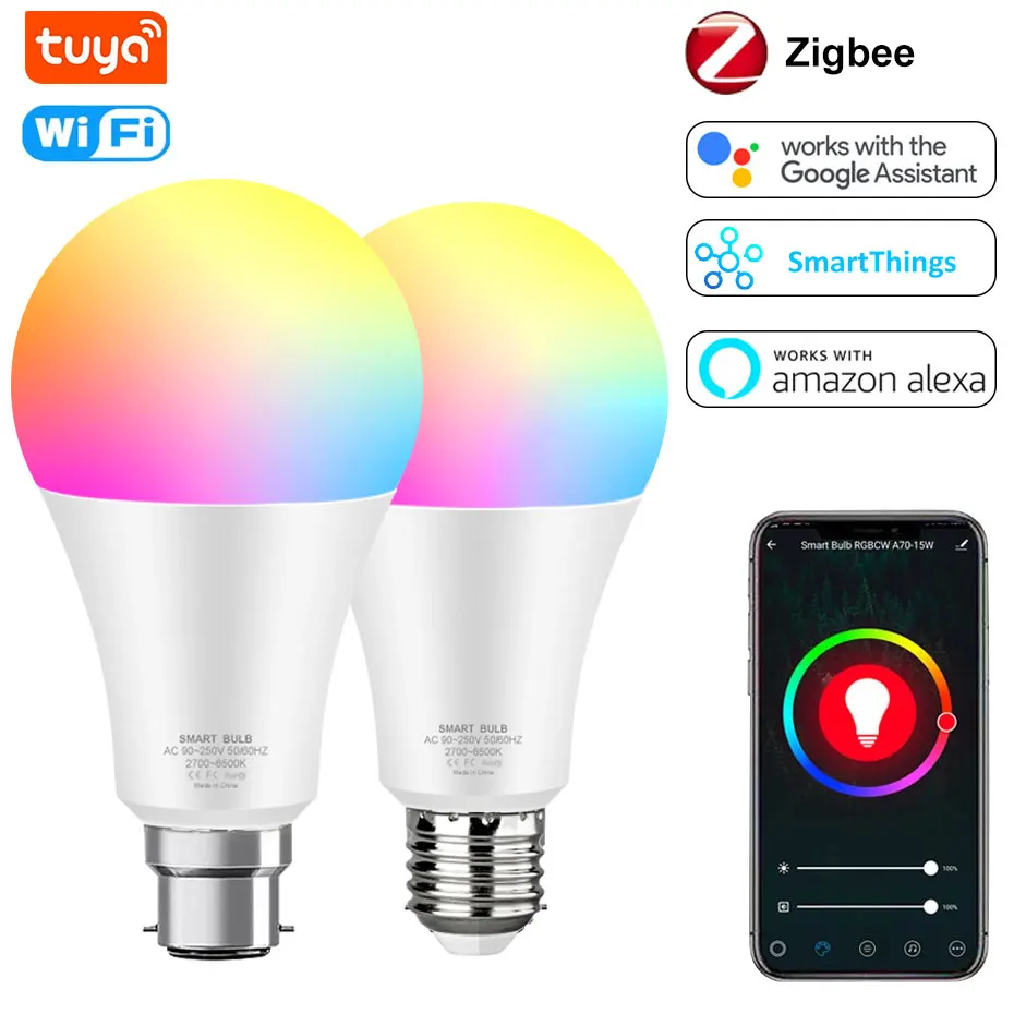 

Zigbee WiFi LED Light 15W Tuya Smart Led Bulb E27 B22 Dimmable RGB Lamp APP Control Compatible with Amazon Alexa Google Home