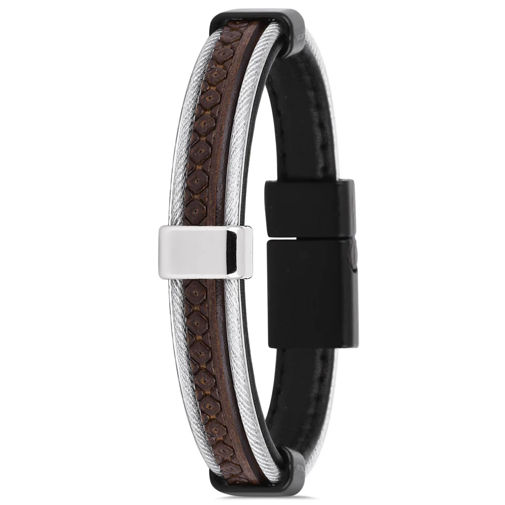

Parigi PRGJWG146-01 Mens Bracelet Bangles Fashion Jewelry Steel Leather Metallic Gray Black Brown Birthday Gift for Mens