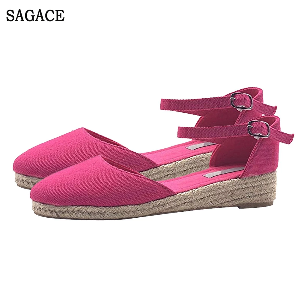 

Women Roman Weaving Breathable Wedges Sandals Shoes Comfortable Leisure Flat Sandal Buckle Flat Beach Ladies Shoes