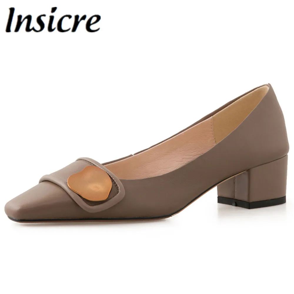 

Insicre Fashion Women Spring Summer Single Metal Button Luxury Square Head Shallow Mouth Cow Leather Pumps Ladies Shoes Beige