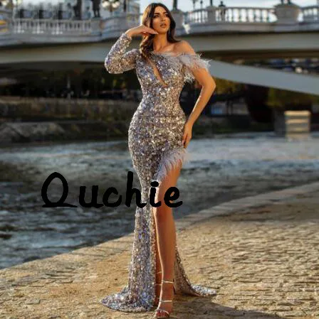 

One Sleeeve High Split Sequins Evening Dresses Feathers Special Occasion Party Dress robe soiree Prom Gown Custom