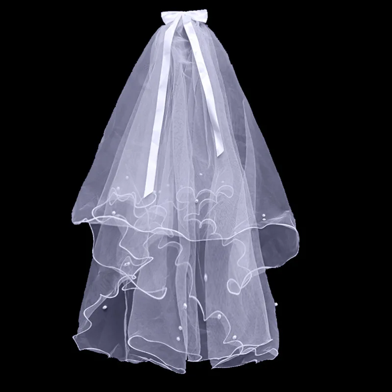 Белая жемчужная свадебная фата с гребнем, короткая двухслойная элегантная винтажная свадебная фата для невесты, косплей, костюм, аксессуар...