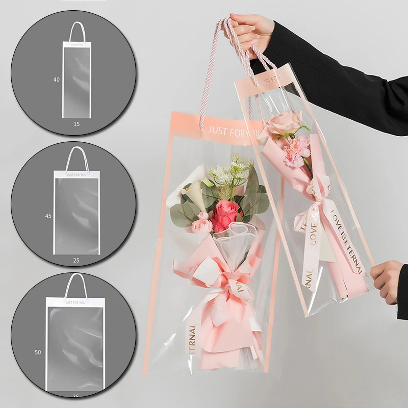 

10pcs Flower Packing Box Transparent PVC Flower Bouquet Bagging Florist Decoration Long Tote Clear Bag Collocation Packaging Bag