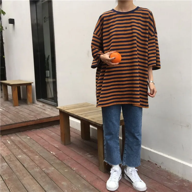 Летняя футболка для женщин в полоску повседневные футболки Harajuku с короткими