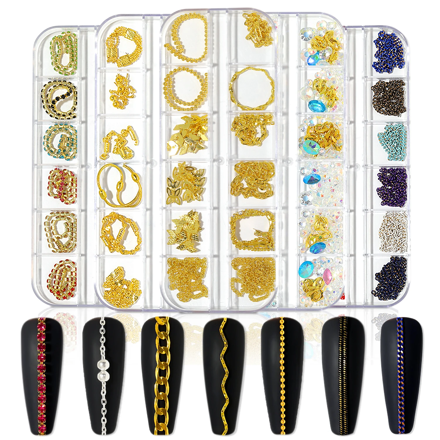 

12 Grid Manicure Metal Nail Rhinestone Chain 3d Gold/Silver Bead Alloy Chain Nail Decoration Diy Jewelry Accessories