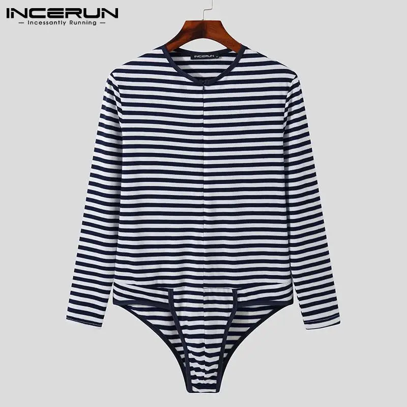 

Men Striped Bodysuits 2021 Round Neck Underwear Long Sleeve Sexy Sleepwear Comfortable Fitness Men Pajamas Bodysuit 5XL INCERUN