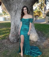 emerald green sequins evening dress sexy off the shoulder sweep train split side long prom dresses for lady formal mermaid gown