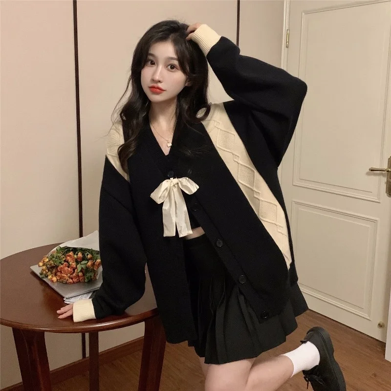 

Женский трикотажный кардиган с бантом, черный свитер-пальто в стиле ретро, весна-осень 2021