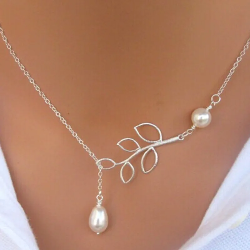 fashion leaf pearl drop necklace cross necklace brand hot pearl and leaves lariat necklace women choker necklaces pendants free global shipping