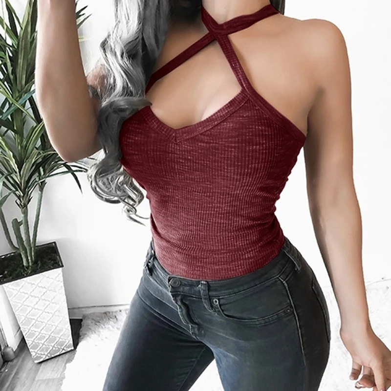 Базовая Однотонная футболка женские тонкие топы с лямкой на шее открытыми