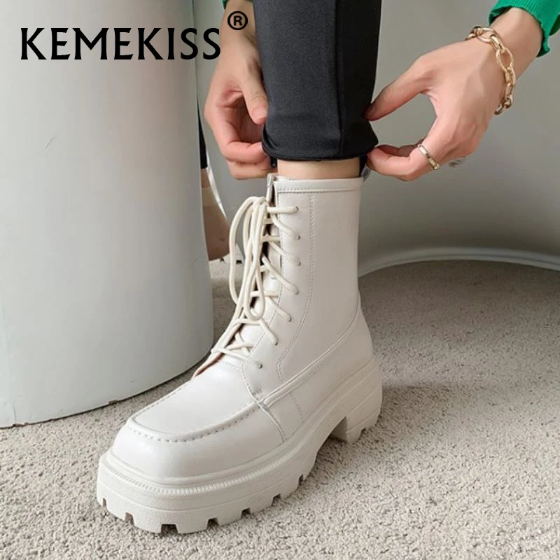 

KemeKiss Genuine Leather Women Shoes Ankle Boots Thick Heels Platform Lace Up Winter Fashion Female Footwear Size 34-41