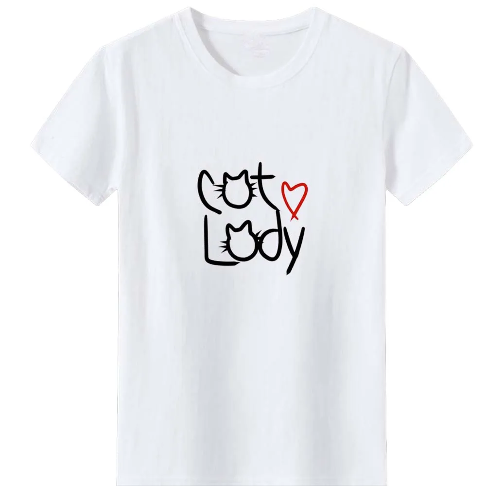 

Cat Lady Print Tee Shirt Female Cat Letters Graphic Tshirts Femme Summer Short Sleeve T Shirt Women White T-shirt Women Top