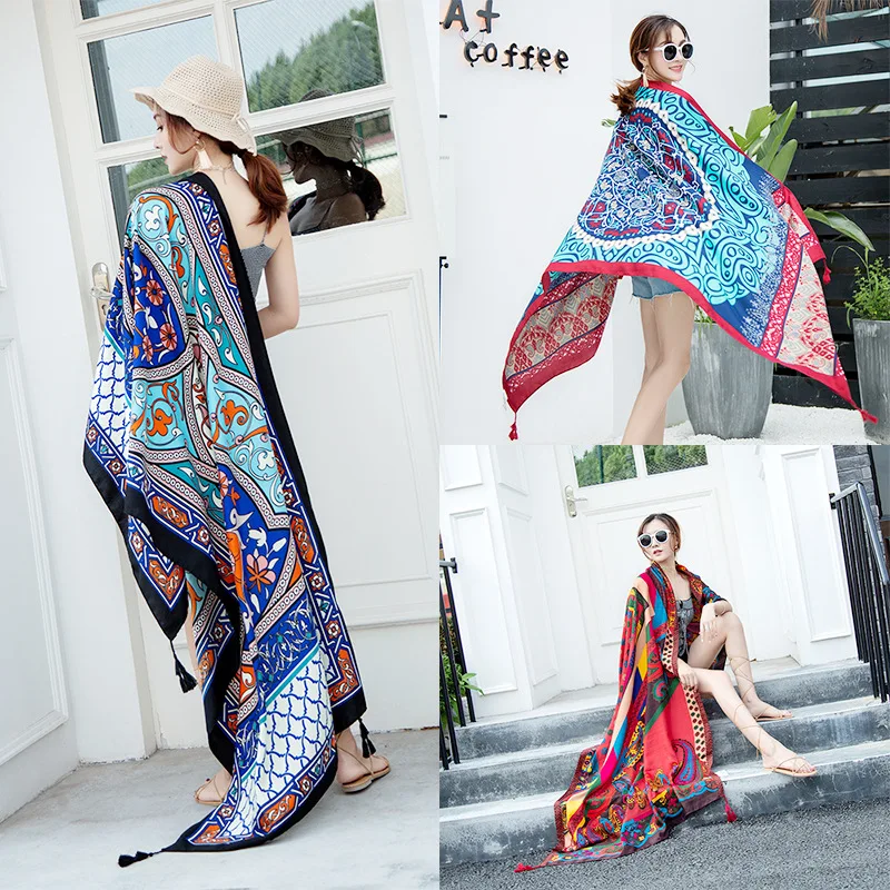 

Шарф женский, Шелковый, летний, с принтом в этническом стиле