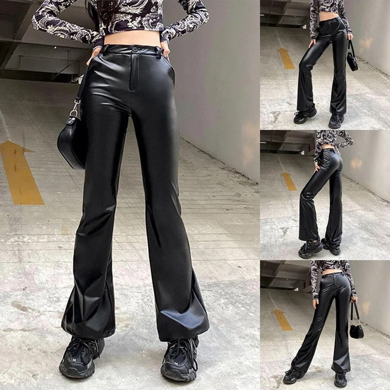 

Women's Fashion Sexy Solid Color High Waist Flare Skinny Leather Pants Black
