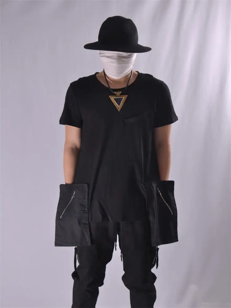 

Men's Short Sleeve T-Shirt Summer New Dark Round Collar Zipper Pocket Simple Loose Long Work Clothes Fashion T-Shirt